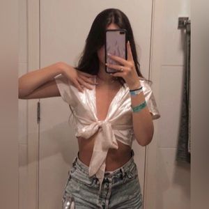 Shein White Flower Printed Front Tie Top